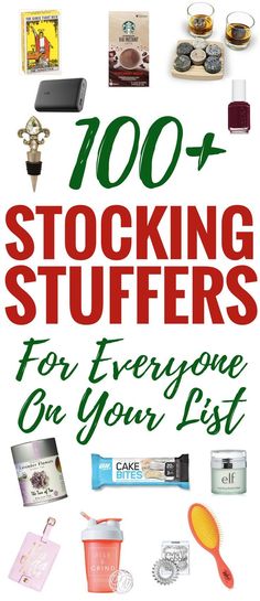 the cover of 100 stocking stuff for everyone on your list, including cups and spoons