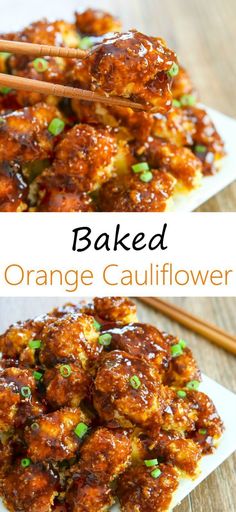 baked orange cauliflower with chopsticks on top and in the background, there is