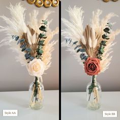 two vases with flowers and feathers in them