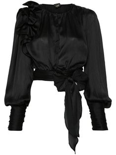 black crepe texture crinkled finish keyhole neck gathered detailing ruffled detailing long puff sleeves buttoned cuffs ruched detailing rear tie detailing Keyhole Neck, Yoko London, City Dress, Shirts Black, Long Puff Sleeves, Summer Beach Wear, Lady Dior, Black Blouse, Puff Sleeves