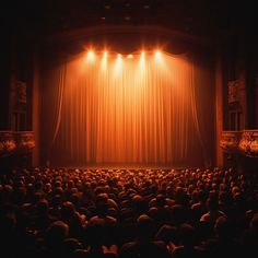 an auditorium full of people sitting in front of a stage with bright lights on it