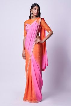 Orange and pink ombre base saree featuring sequin butti detail and zari embroidered border. Comes with zari embroidered padded blouse. - Aza Fashions Kavitha Gutta, Ombre Saree, Padded Blouse, Border Saree, Sequin Blouse, Embroidered Border, Orange Blouse, Orange And Pink, Pink Ombre