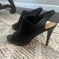 Genuine, Leather, Black Slingback Heels With An Open Toe.Excellent Condition, As You Can See By The Picture The Bottoms Look Brand New. 3” Heel. Size 9. Black High Heel Slingback Pumps With Stacked Heel, Black High Heel Slingback Sandals For Night Out, Black Open Toe Slingback Pumps With Stacked Heel, Sleek Black Slingback Sandals With Open Heel, Leather Open Toe Slingback Pumps For Night Out, Black Sleek Open Heel Slingback Sandals, Black Slingback Sandals With 4-inch Heel, Black Synthetic Slingback Pumps With 4-inch Heel, Black Open Heel Slingback Sandals For Night Out