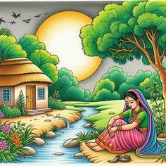 a painting of a woman sitting on the ground next to a river and house in the background