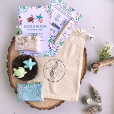 an assortment of items are displayed on a tree stump, including seed bags and seashells