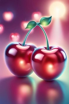 two shiny cherries with green leaves on their stems, against a pink and blue background