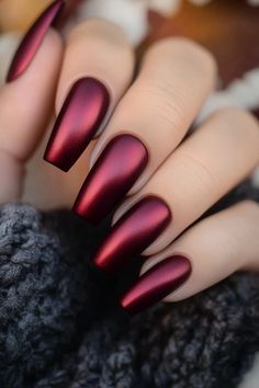 25 Elegant Burgundy Chrome Nails: A Trendy Nail Look - DIGIDIA Trending Nails 2020 Summer, Matte Red Chrome Nails, Simple Fall Designs Nails, Nails For Formal Wedding, Metallic Color Nails, Cherry Coke Nail Color, Fall Reds For Nails, Halloween Colour Nails, Red Chrome French Tip Nails Square