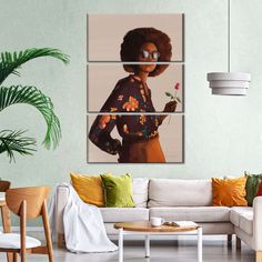 a living room scene with focus on the woman holding a flower and looking at the camera