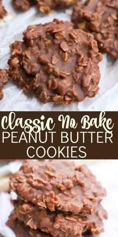 chocolate no bake peanut butter cookies are stacked on top of each other and ready to be eaten