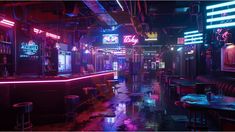 a dimly lit bar with neon signs on the walls and tables in the middle of it