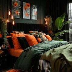 70s bedroom ambiance crafting the perfect mood with retro-inspired details Gray Green Orange Bedroom, Black Green Rust Bedroom, Green Velvet Bed Bedroom Ideas, Black Orange Green Bedroom, Emerald Green And Terracotta Bedroom, 70s Glam Bedroom, Burnt Orange Bedroom Color Schemes, Afro Centric Boho Bedroom, Rust Green Bedroom