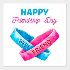 two pink and blue bracelets with the words happy friendship day on them, in watercolor