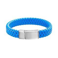 "Bracelet Details: Length: 8.5 in. Clasp: safety Metal: stainless steel  Size: 8.5"". Color: Blue. Gender: male. Age Group: adult. Material: Leather." Blue Bracelets With Stainless Steel Clasp As A Gift, Modern Adjustable Blue Braided Bracelets, Modern Adjustable Blue Braided Bracelet, Modern Blue Leather Jewelry, Adjustable Blue Jewelry With Leather Strap, Adjustable Blue Leather Strap Bracelets, Adjustable Blue Leather Strap Jewelry, Modern Blue Leather Bracelet Gift, Blue Leather Bracelet As A Gift