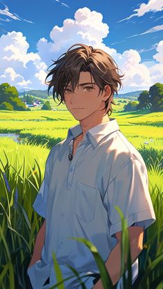 an anime character standing in the grass with his hands on his hips and looking at the camera