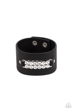 Two rows of oversized white rhinestones are studded in place across the center of a thick black leather band, creating a sassy centerpiece around the wrist. Features an adjustable snap closure. Sold as one individual bracelet. Trendy Fringe, Paparazzi Accessories Jewelry, Colorful Frames, Snap Bracelets, Black Bracelets, Paparazzi Accessories, White Rhinestone, Black Necklace, Paparazzi Jewelry