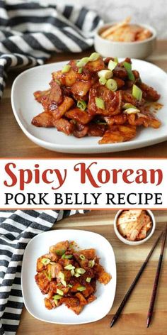 spicy korean pork belly recipe on a plate with chopsticks and sauce in the background