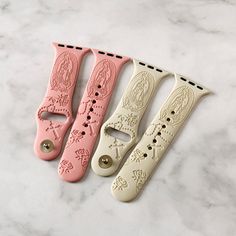 "These watch bands are standard size silicone replacement watch band with Great laser Engraved special Design. These sport silicone watch band are made from smooth soft silicone, comfortable to your skin. Compatibility: These apple watch bands are compatible with all iWatch SE and series 7/6/5/4/3/2/1. Sizes available: - 38/40/41mm S/M 5.1\"-7\" wrist - 38/40/41mm M/L Fits 6.1\"-8.7\"  wrist - 42/44/45mm S/M Fits 5.5\"-7.1\" wrist - 42/44/45mm M/L Fits 6.3\"-9.1\"  wrist Custom: We can also do c Pink Adjustable Silicone Watch Bands, Pink Silicone Adjustable Watch Bands, Bracelets Apple Watch, Bracelet Apple Watch, Silicone Watch Band, Special Design, Virgin Mary, Apple Watch Bands, Watch Band