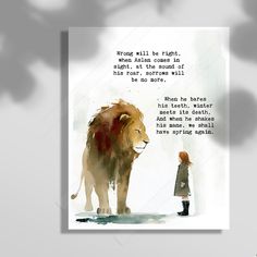 a woman standing next to a lion with a quote on it