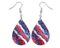 Red, White, and Blue Milkyway Dangle Earrings   These beautiful Red, White, and Blue Milkyway dangle statement earrings are made with MDF wood and printed on both sides. We do not use any vinyl or stickers. The material is engineered with a special glossy surface that accepts the image with vibrant colors.  Each pair is handmade and packaged in our studio in Illinois! The teardrop earrings 1.5" long and 1" wide for the actual teardrop and 1/8" thick. They hang about 2.25" long from the top of th Patriotic Multicolor Dangle Jewelry, Patriotic Multicolor Earrings As Gift, Patriotic Silver Dangle Earrings, Silver Dangle Patriotic Earrings, Patriotic Nickel-free Earrings For Gift, Patriotic Dangle Jewelry For Gifts, Patriotic Red Drop Earrings, Patriotic Drop Earrings Jewelry Gift, Patriotic Earrings