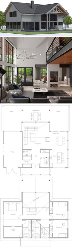 the floor plan for this modern house is shown in two different views, and shows how it