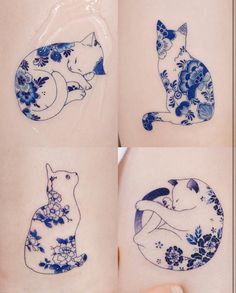 three different pictures of cats and flowers on the side of their butts, one with blue ink