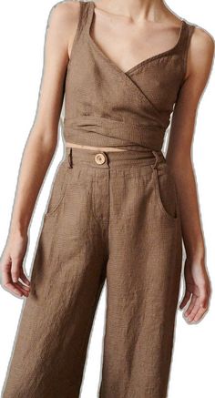 Brown Sleeveless Linen Top, Sleeveless Brown Linen Top, Brown Linen Tops For Spring, Brown Relaxed Fit Linen Top, Brown Linen Relaxed Fit Tops, Brown Linen Spring Tops, Versatile Cropped Linen Tops, Versatile Beige Linen Top, Brown Linen Blouse For Spring