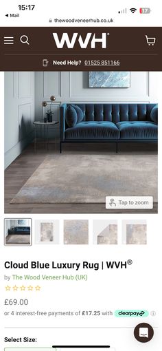 a web page with an image of a blue couch