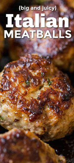 some meatballs are cooking in a pan with the title above it that says italian meatballs