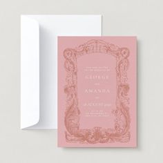 a pink wedding card with an ornate frame