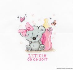 a cross stitch pattern with a teddy bear and bottle in the center, which reads leticia