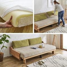 a woman moving a mattress onto a bed frame