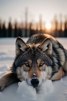 a wolf laying in the snow with its eyes open