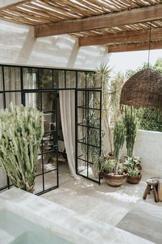 an outdoor patio with plants and potted cacti