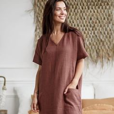 HELEN V Neckline Linen Dress Grey Summer Dress | Etsy Brown Summer Loungewear Dress, V-neck Linen Dress For Vacation, Solid Linen Dress For Vacation, Solid V-neck Linen Dress, Short Sleeve Brown Linen Summer Dress, Brown Linen Short Sleeve Dress For Summer, Brown Linen Summer Dress With Short Sleeves, Spring V-neck Linen Loungewear Dress, Summer V-neck Relaxed Fit Linen Dress