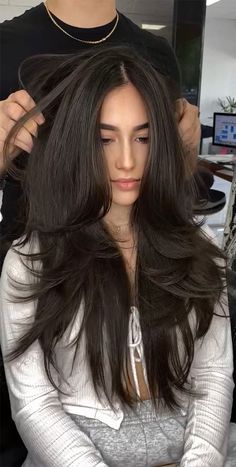 layered haircut, butterfly haircut, layered haircut long hair, curtain bang layered haircut Dark Brown Butterfly Cut, Butterfly Hairstyles, Haircut Butterfly, Expensive Brunette, 2024 Haircut, Trendy Layered Hairstyles, Haircut Layered, Long Straight Black Hair, Haircuts Asian