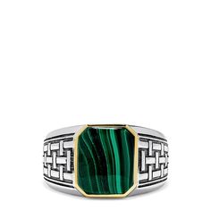 Men's Sterling Silver and 14K Yellow Gold Malachite Ring 6.05 TCW Mans Ring, Malachite Ring, Malachite Rings, Mens Ring, Sterling Silver Mens, Stylish Jewelry, Rings For Men, Yellow Gold, Holidays