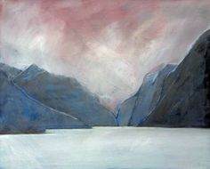 an abstract painting of mountains and water with pink sky in the background, painted on canvas