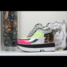 These Funky Platform Sneakers Will Stand Out Multiple Prints Multicolor Sneakers For Spring Party, Multicolor Platform Sneakers For Spring Streetwear, Spring Multicolor Platform Sneakers For Streetwear, Trendy Multicolor Platform Sneakers, Trendy Spring Wedge Sneakers, Multicolor Spring Platform Sneakers, Multicolor Casual Party Sneakers, Casual Multicolor Party Sneakers, Trendy Spring Platform Sneakers With Speckled Midsole