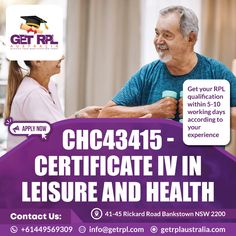 🌟 Unlock Your Potential with RPL from 'Get RPL Australia'! 🌟

CHC43415 - Certificate IV in Leisure and Health
Are you already working in the leisure and health sector? Get the recognition you deserve with a nationally recognized qualification through RPL (Recognition of Prior Learning) at Get RPL Australia!

Your experience matters! Let us help you turn it into a certified qualification.
📞 Contact 'Get RPL Australia' today to learn more!

Visit our facebook page
https://www.facebook.com/Get.RPL.Australia.0

Office Address:
🏠 45 Rickard Road Bankstown, Sydney, NSW 2200, Australia, New South Wales.
Contact Us:
Call: 0449 569 309
Email: info@getrpl.com
Website: https://www.getrplaustralia.com/
Instagram: https://www.instagram.com/get_rpl_australia/ You Deserve, Australia, Turn Ons