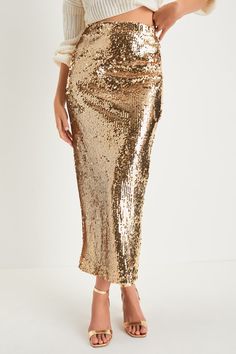 Impressing everyone you meet with your iconic style will be more than easy when you're wearing the Lulus Dazzling Appearance Gold Sequin High-Rise Midi Skirt! Shimmering gold sequins dance across this must-have skirt that features an elasticized waistband and pencil-style silhouette that'll perfectly flatter your curves as it falls to a sophisticated midi hem. Kick pleat at the back. Hidden back zipper/clasp. Fit: This garment fits true to size. Length: Ankle length. Size medium measures 38.5" f Gold Skirt Outfit, Gold Sequin Skirt, Gold Skirt, Kick Pleat, Midi Skirt Pencil, Daytime Dresses, Gold Sequin, Gold Sequins, Lulu Fashion