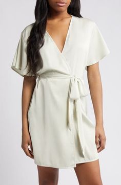 Fluttering sleeves frame this sweet tie-waist robe crafted from glossy satin. 36 1/2" length (Medium) Short sleeves Removable tie belt 97% polyester, 3% spandex Machine wash, tumble dry Imported Short Satin, Tie Waist Shorts, Sleepwear Robe, Sleepwear Women, Tie Belt, Shades Of Green, Short Sleeves, Nordstrom, Spandex