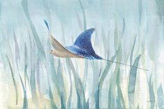 a painting of a manta ray flying through the air over seaweed and water