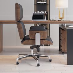 an office chair sitting in front of a desk with a bookcase and lamp on it