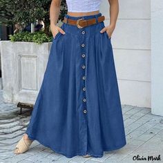 Olivia Mark - High-Waisted A-Line Skirt with Loose Fit and Button Detail - Casual Chic Skirt for Leisure and Vacation Bandana Hairstyles For Long Hair, High Waist Maxi Skirt, Chic Skirt, Bodycon Pencil Skirt, Denim Skirt Outfits, Sewing Clothes Women, High Waisted Maxi Skirt, Chic Skirts, Business Casual Outfits For Work