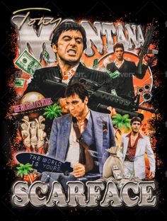 the poster for scarface is shown in red and black with an image of two men holding