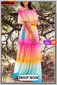 Gradient Off Shoulder Belted Maxi Dress Belted Maxi Dress, Dresses Xxl, Women's Boutique, Plus Size Maxi Dresses, Xl Dress, Hip Length, Maxi Dresses, Pink Yellow, Tie Dye Skirt