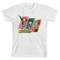 Hang out with your favorite anime characters with this My Hero Academia tee. The shirt features images of Ochaco Uraraka, Izuku Midoriya, and Katsuki Bakugo in pink, green, and orange panels while yellow kanji letters below the characters spell out the series title. The tee comes in a white short sleeve crew neck. My Hero Academia fans will love this comfy cotton t-shirt. My Hero Academia Uraraka, Hero Academia Uraraka, Kanji Letters, My Hero Academia Merchandise, Ochaco Uraraka, Katsuki Bakugo, Mens Home, Kids Trend, Mens Trends