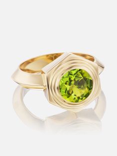 18K yellow gold peridot gemstone everyday ring. A modern pairing of hard and soft, Hexed takes the HG staple shape of hexagon and pairs it with concentric circles for a three-dimensional setting that is heavy on bold yellow gold. Available as a pendant necklace, stud earrings or a ring, mix and match! Made to order, current lead time is 8-10 weeks. Modern Yellow Gold Peridot Jewelry, Modern Gold Jewelry With Peridot, Modern Gold Peridot Jewelry, Harwell Godfrey, Smokey Topaz, Concentric Circles, Everyday Ring, Everyday Rings, Peridot Gemstone