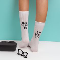 🧦 Step into comfort and style with our Simple Black and White Socks featuring the whimsical quote "Don't Follow Me, I'm Lost Too." 🌟 Crafted from premium quality cotton, these socks offer a cozy and breathable fit for all-day wear. 🎁 With their unisex design, these socks make the perfect gift for anyone in your life. 💐 Surprise your mom with a pair for Mother's Day, or treat yourself to a fun and unique addition to your sock collection. 🛠️ Each pair is carefully crafted with attention to detail, ensuring durability and long-lasting wear. 💫 Embrace comfort and individuality with our Don't Follow Me I'm Lost Too Quote Socks, exclusively from our collection. 🧦 Simple Black and White Socks: Indulge in the simplicity of our black and white socks, a timeless combination that effortlessly Don't Follow Me I'm Lost Too, Black And White Socks, Sock Collection, Gender Norms, Unboxing Experience, Im Lost, White Socks, Summer Gifts, Presents For Friends