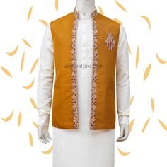 Customize mehndi waistcoat with micro embellishment - Uomo Attire Kurta Fashion, Waistcoat Outfit, Waistcoat Designs, Formal Attire For Men, Wedding Dresses Men Indian, Kurta Patterns, Inspirtional Quotes, Custom Made Suits, Wedding Dress Men